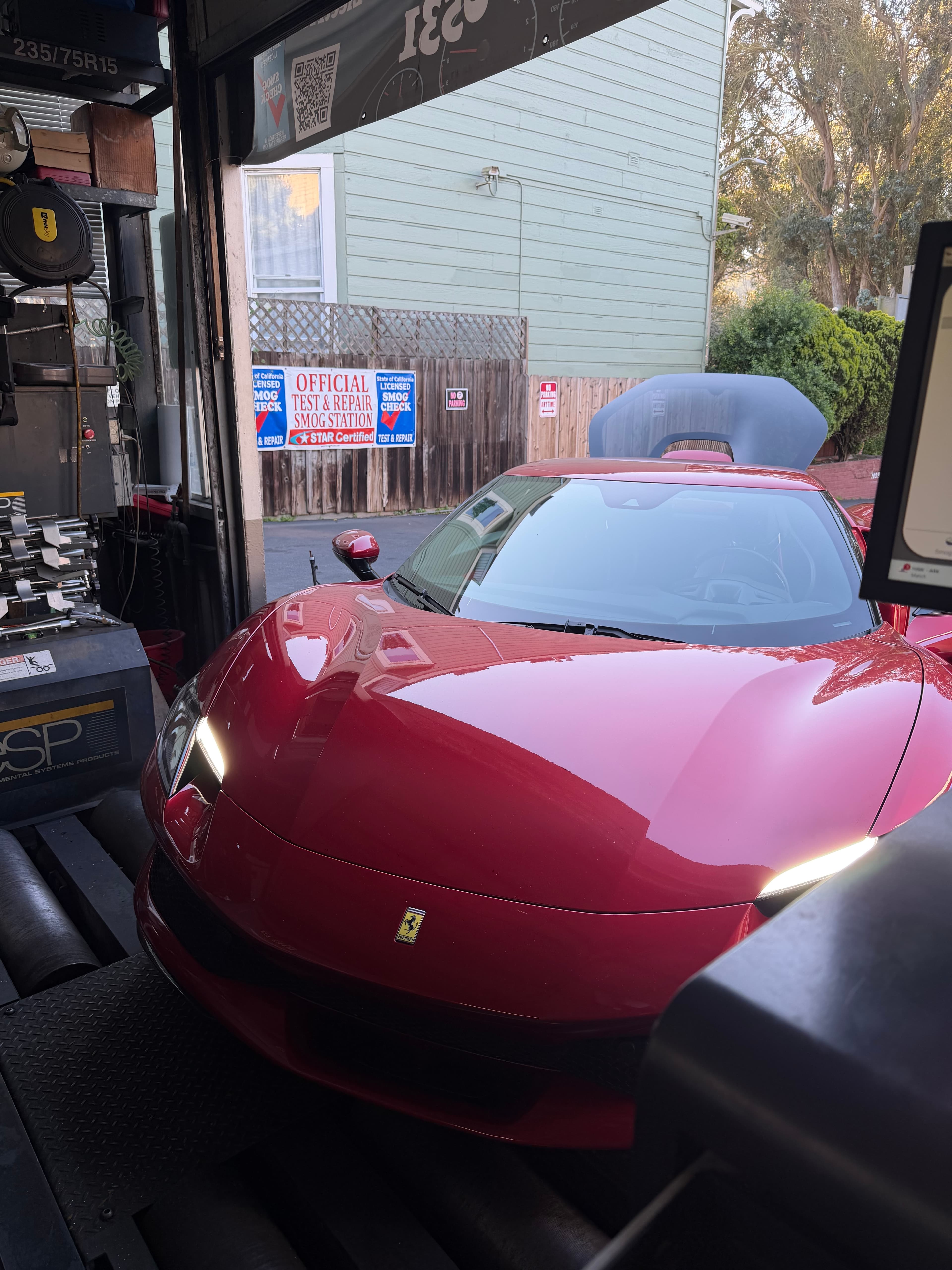 Ferrari on the smog check dyno at Masonic Smog & Repair